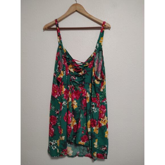 Torrid Green Red Yellow Floral Lace Up Fit & Flare Tank Blouse Size 6 - Picture 2 of 9